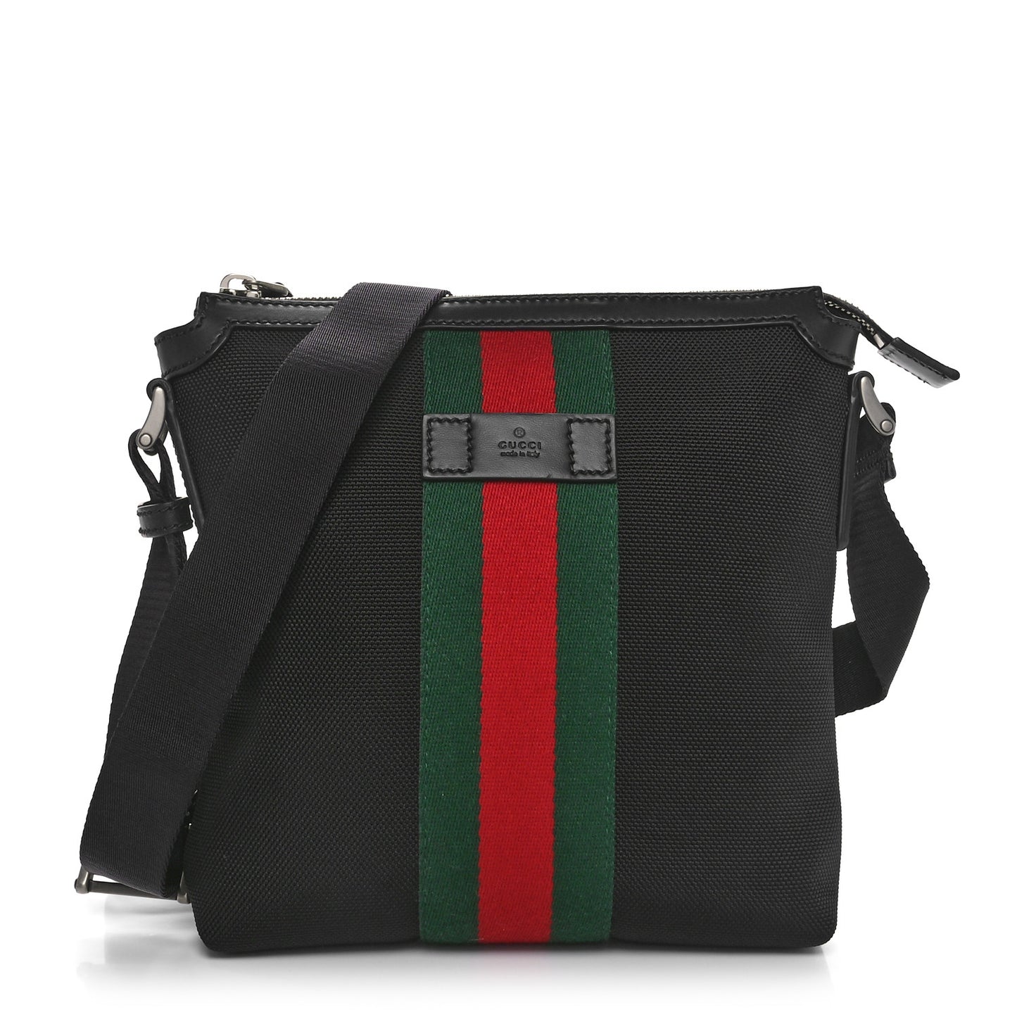 Techno Canvas Selleria Calfskin Web Small Flat Messenger Bag Black