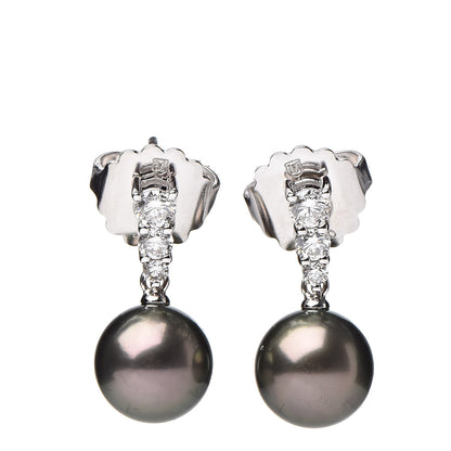 Mikimoto 18K White Gold Diamond Black South Sea Pearl 9mm Morning Dew Earrings 1 of 5
