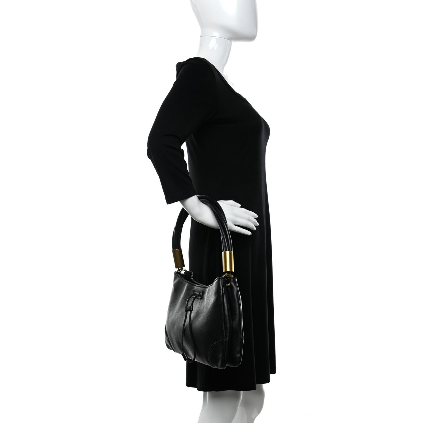 Pebbled Calfskin Drawstring Shoulder Bag Black