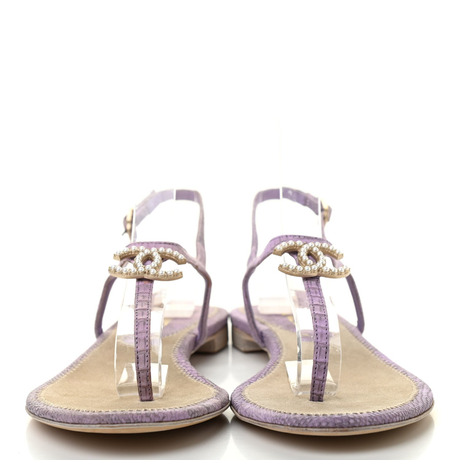 Chanel Lizard Pearl CC Thong Sandals 38 Light Purple 2 of 12