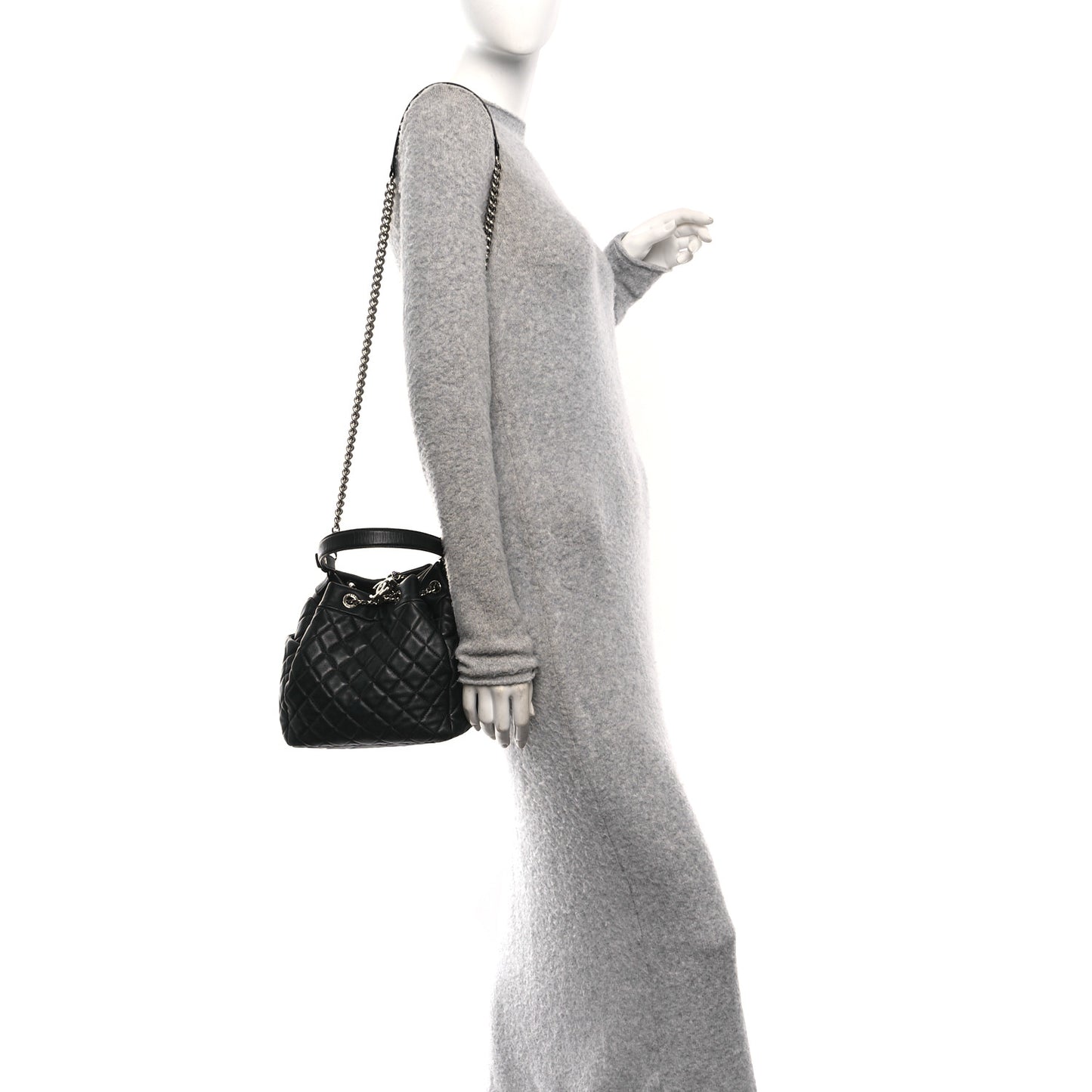 Lambskin Quilted CC Chain Drawstring Tote Black
