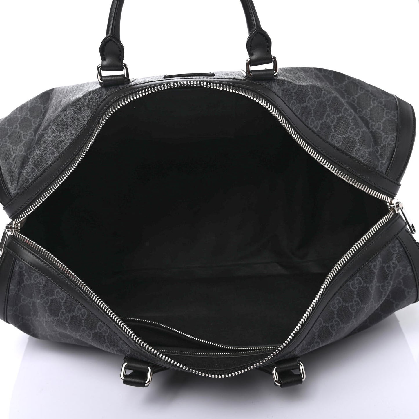 Soft GG Supreme Monogram Appia Calfskin Web Large Carry On Duffle Bag Black Grey