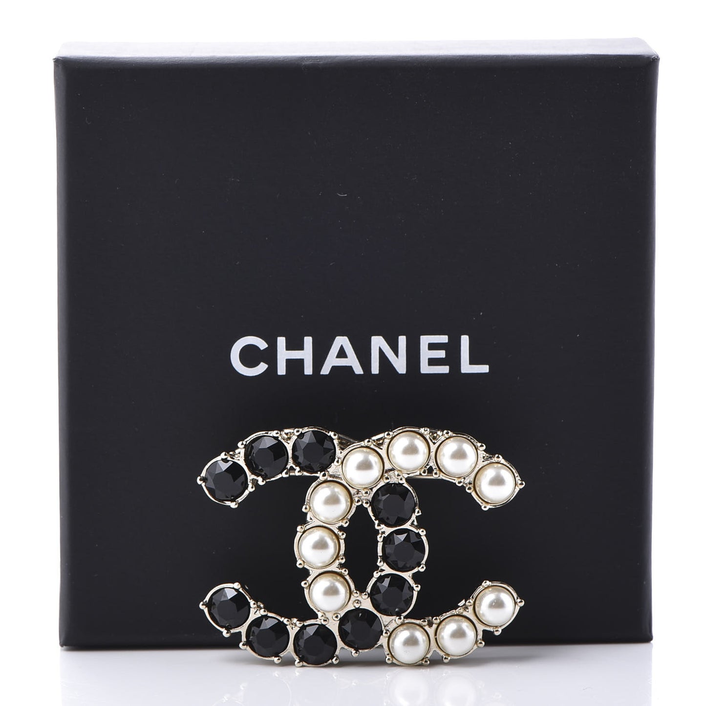 Crystal Pearl CC Dazzling Domino Brooch Gold Black