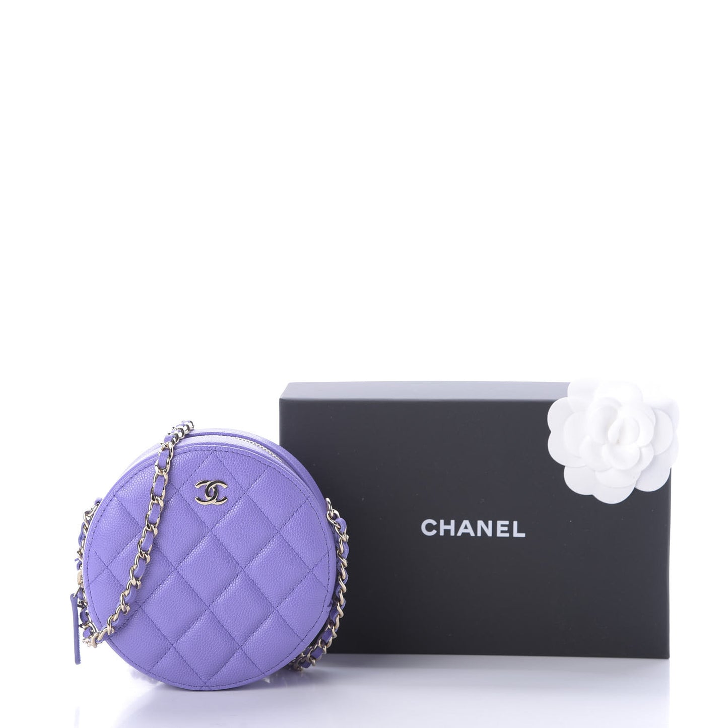 Caviar Quilted Round Clutch With Chain Purple