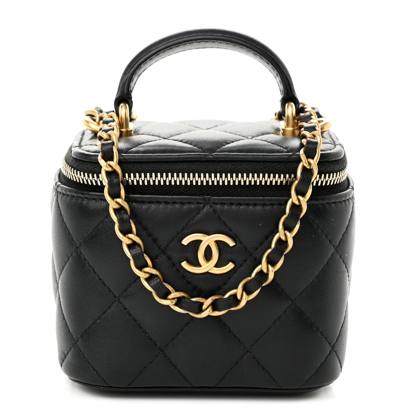 Lambskin Quilted Top Handle Mini Vanity Case With Chain Black