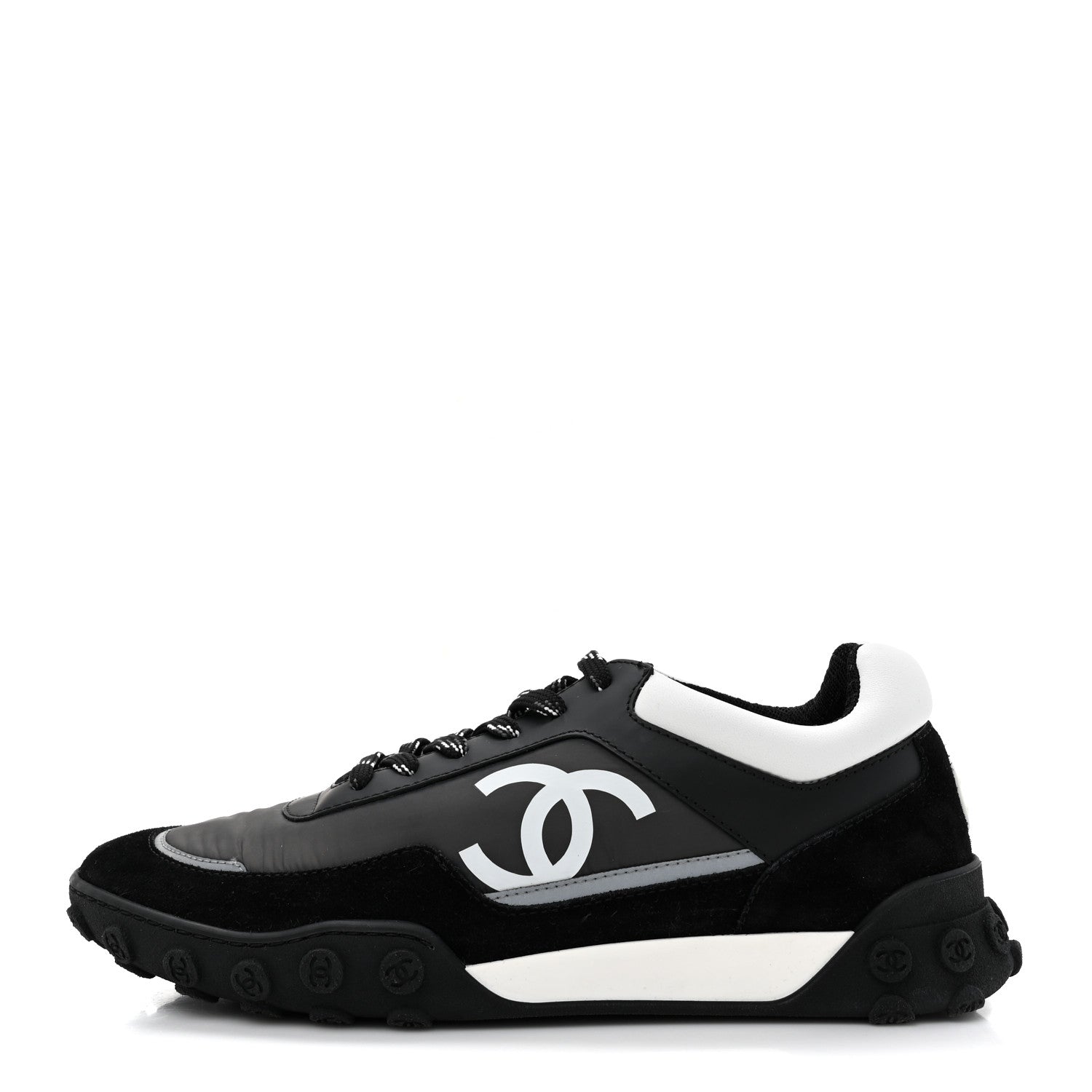 Chanel Nylon Calfskin Suede Womens CC Sneakers 40 Black Grey White 1 of 11