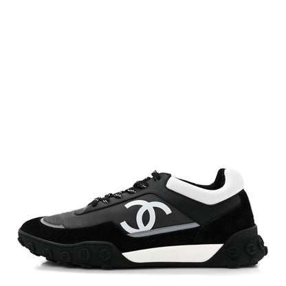 Chanel Nylon Calfskin Suede Womens CC Sneakers 40 Black Grey White 1 of 11