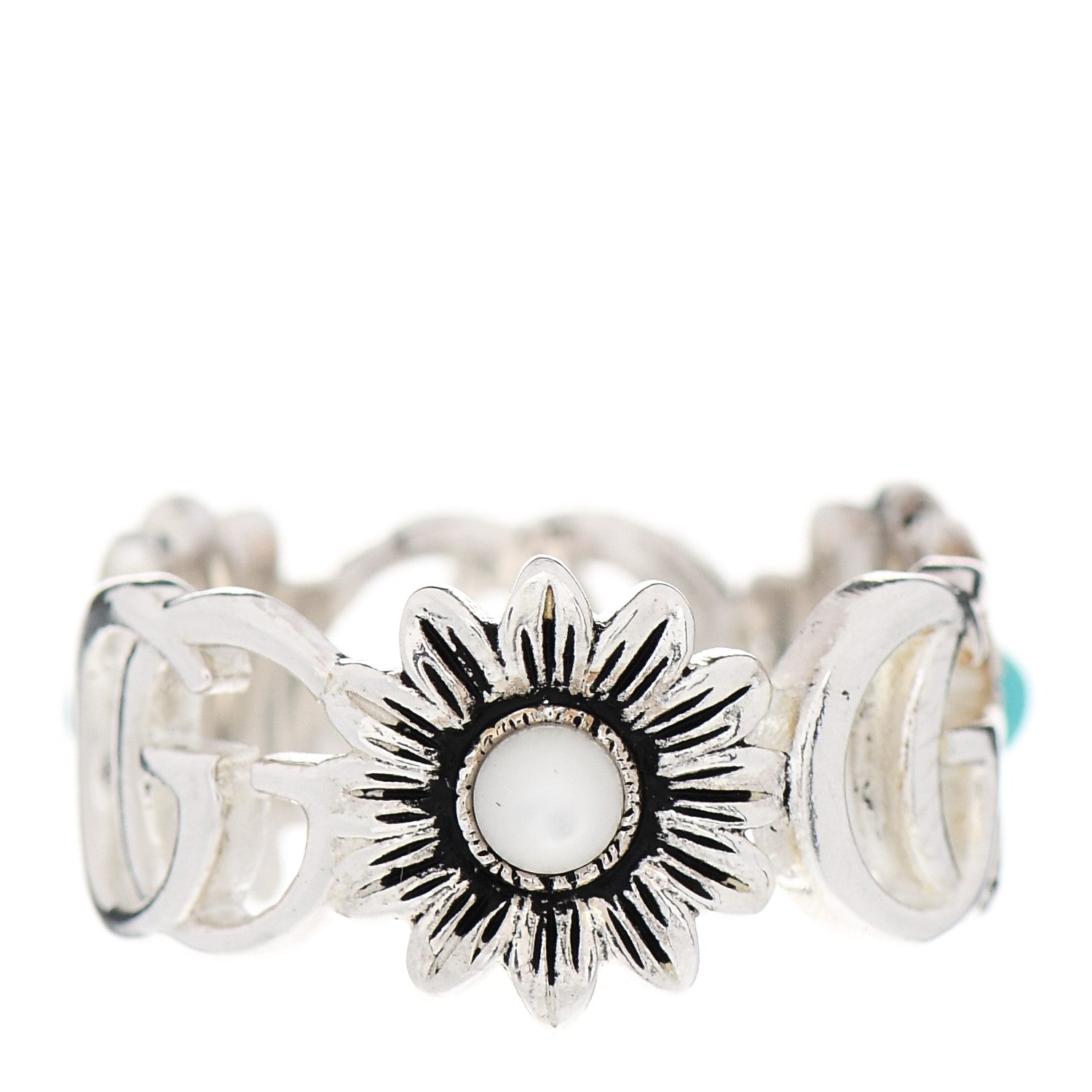 Gucci Sterling Silver Mother of Pearl Blue Topaz Flower Marmont Double G Ring 50 5.25 3 of 6