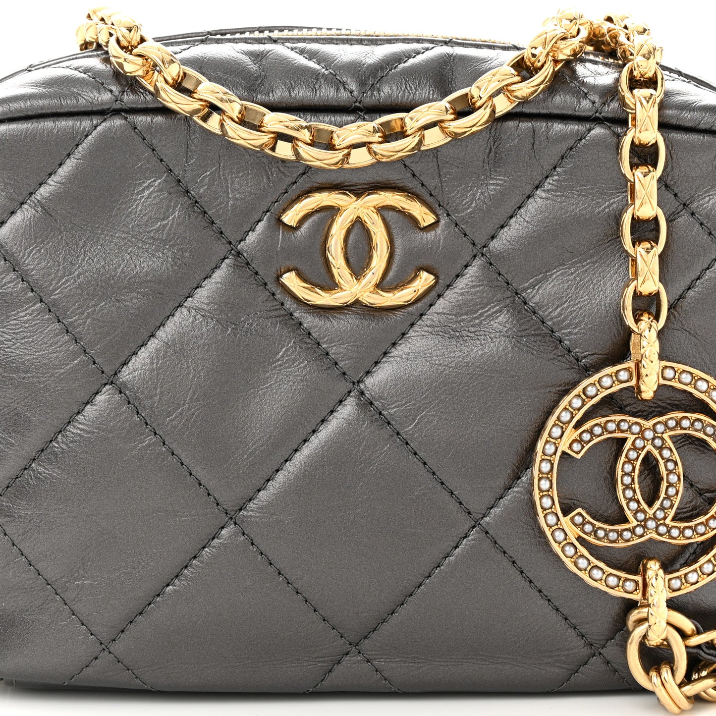 Metallic Calfskin Pearl Quilted CC Mini Camera Case Ruthenium