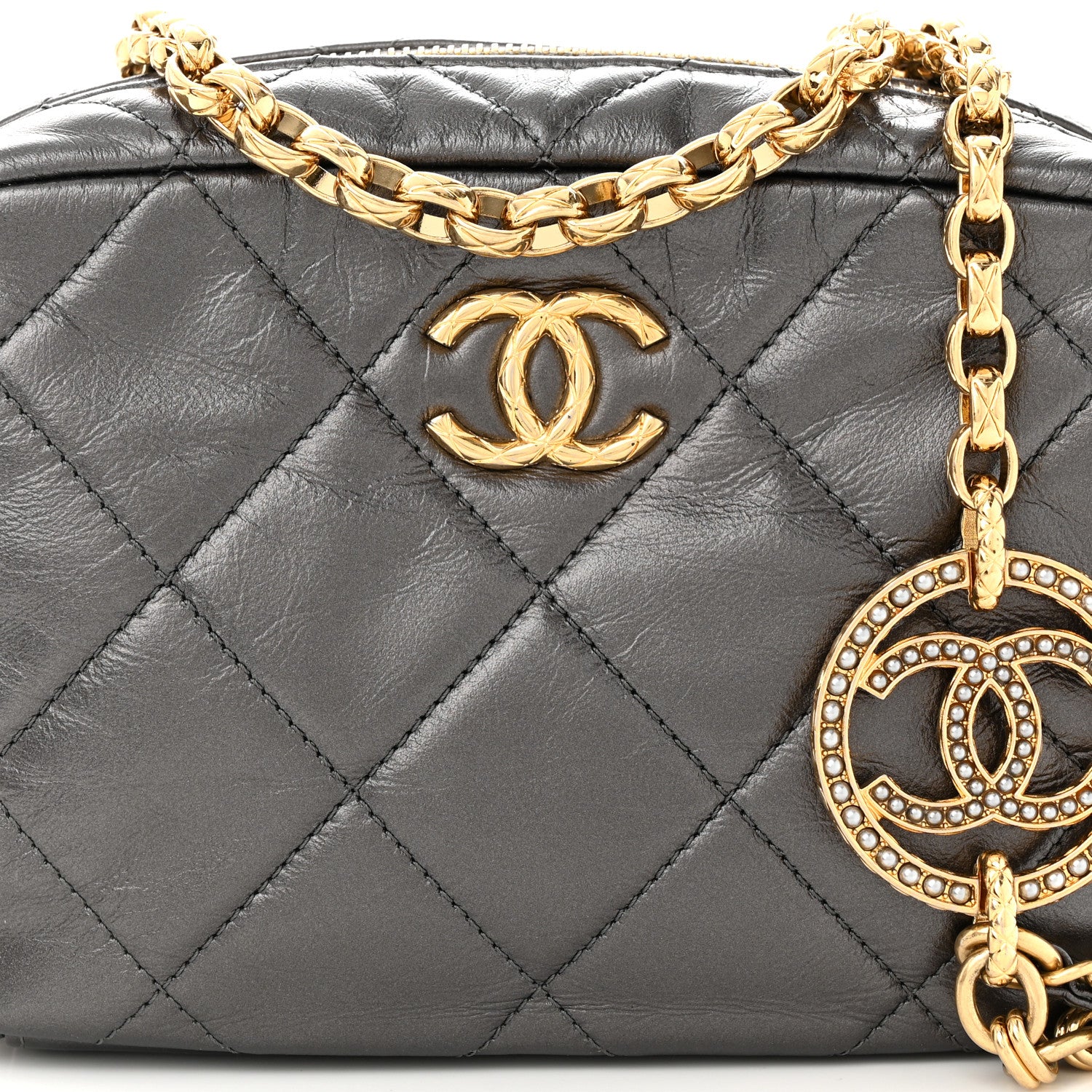 Chanel Metallic Calfskin Pearl Quilted CC Mini Camera Case Ruthenium 8 of 11
