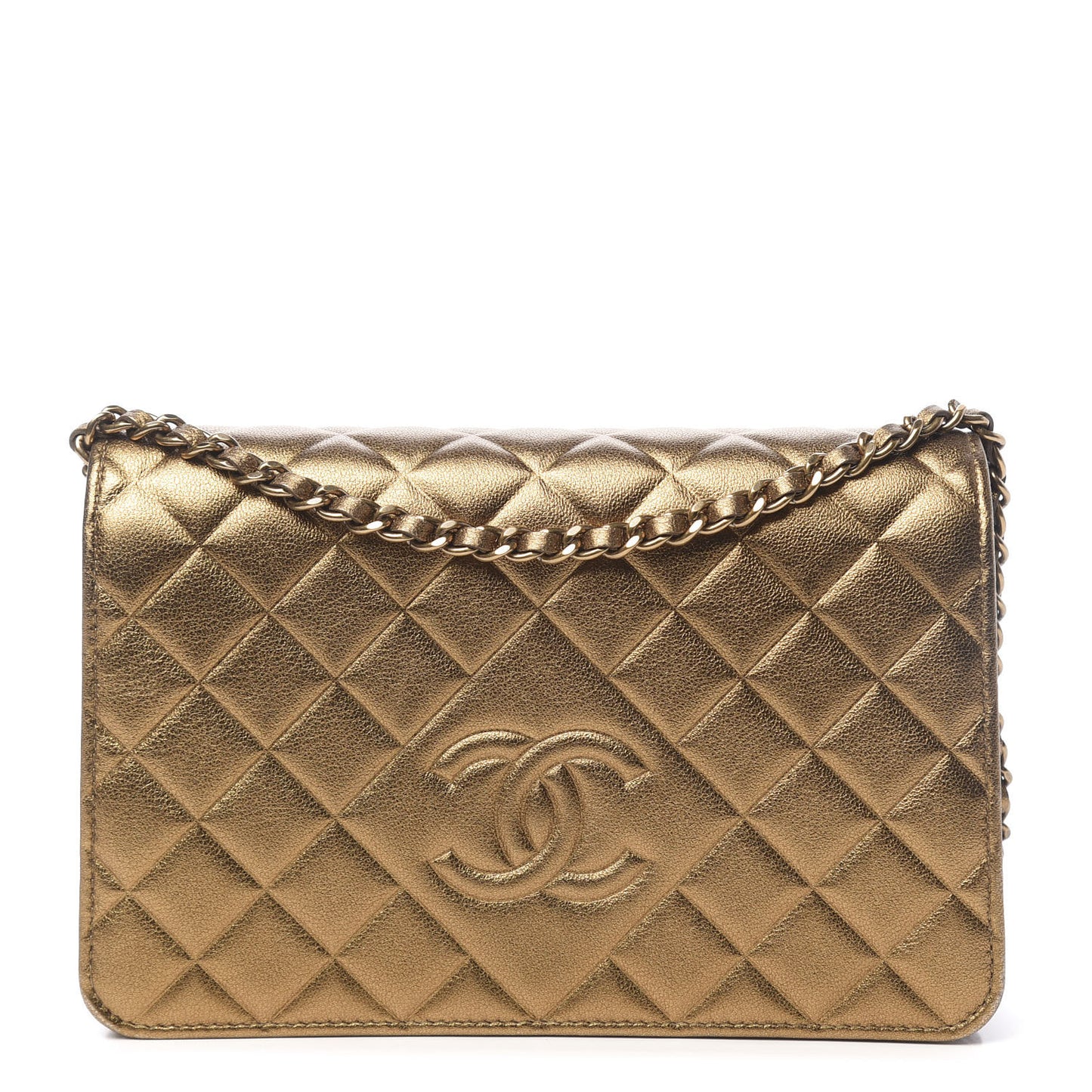 Metallic Goatskin Quilted Diamond CC Wallet On Chain WOC Gold