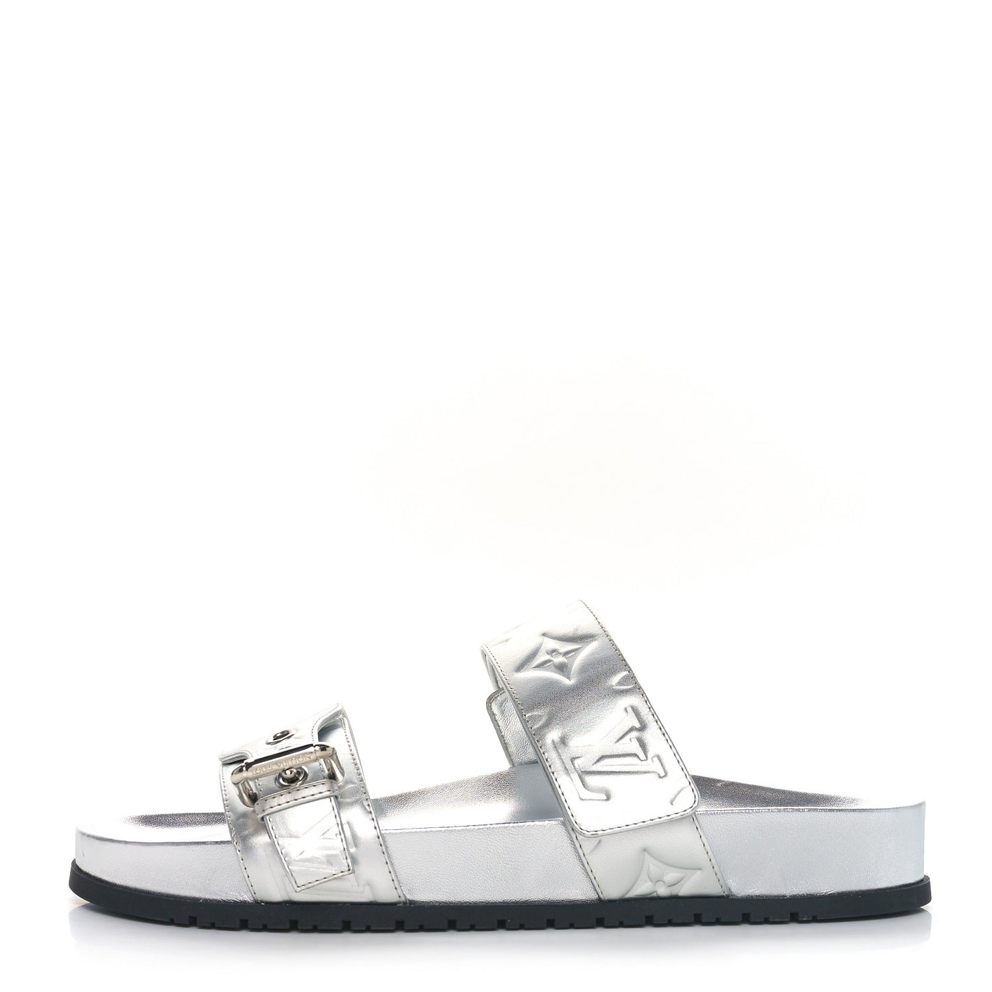 Metallic Calfskin Monogram Embossed Bom Dia Flat Mule Sandals 39 Silver