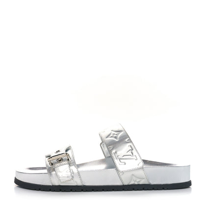 Louis Vuitton Metallic Calfskin Monogram Embossed Bom Dia Flat Mule Sandals 39 Silver 1 of 8