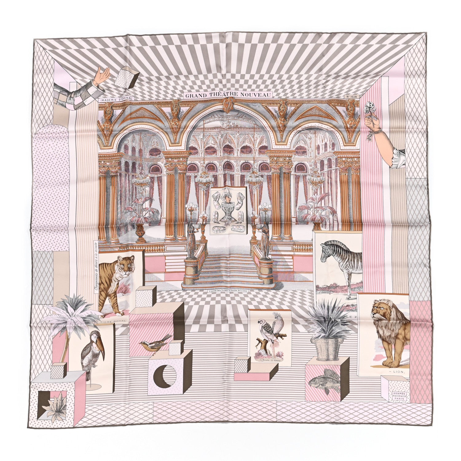 Hermes Silk Grand Theatre Nouveau Scarf 90 Rose Pale Etoupe 1 of 8