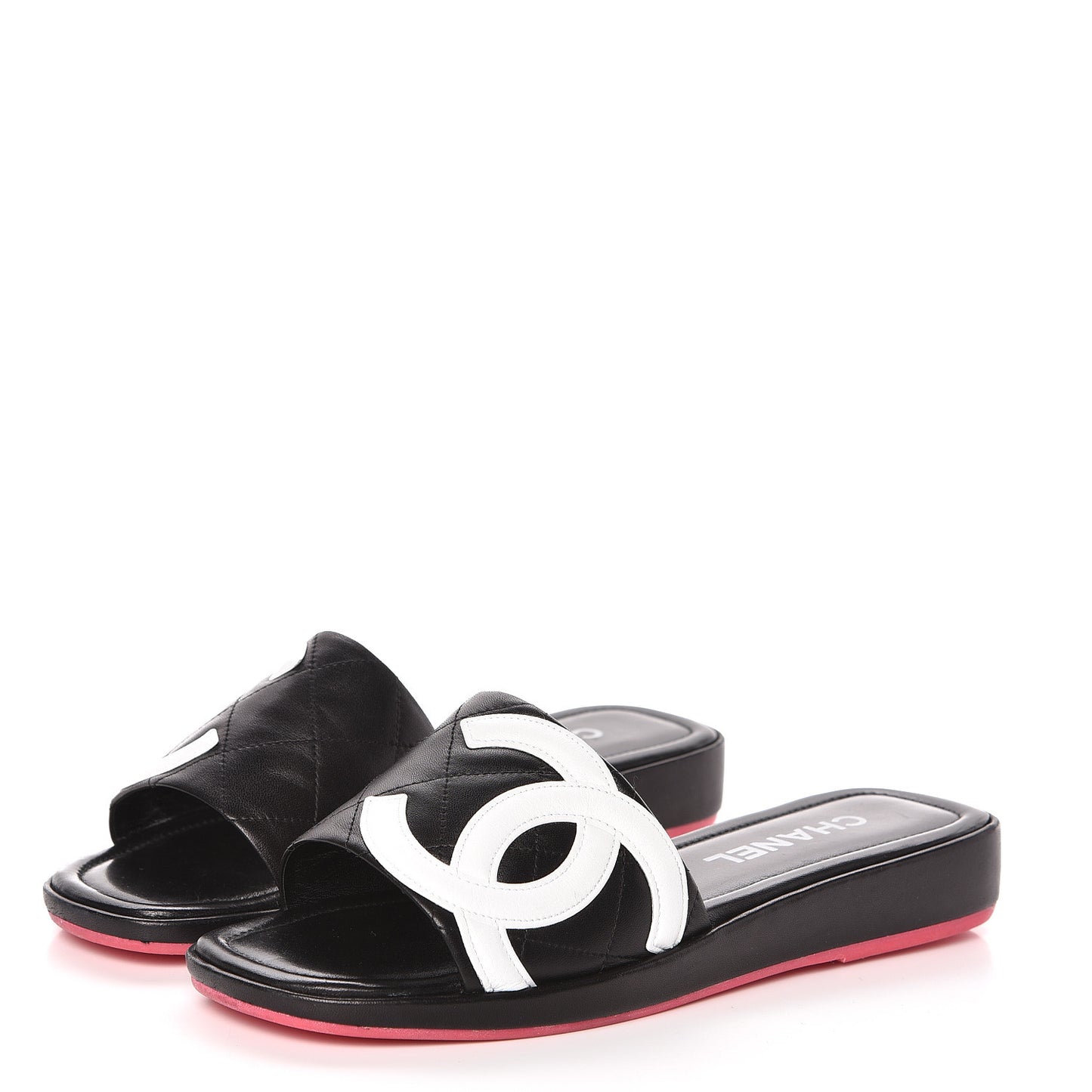 Calfskin Cambon CC Flat Slide Sandals 39 Black