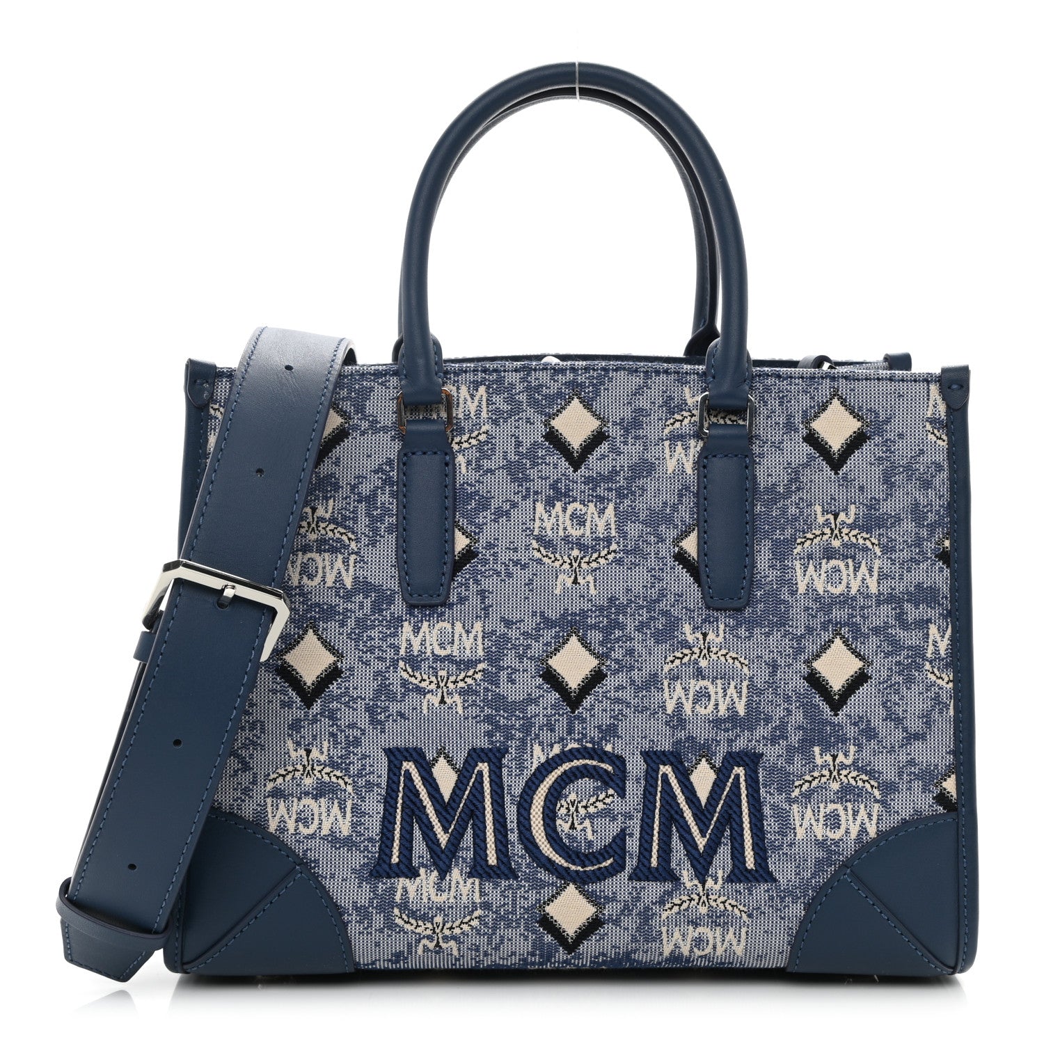 MCM Jacquard Monogram Small Tote Blue 1 of 8