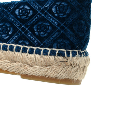 Chanel Velvet Grosgrain Quilted Camellia CC Espadrilles 38 Navy Black 10 of 10