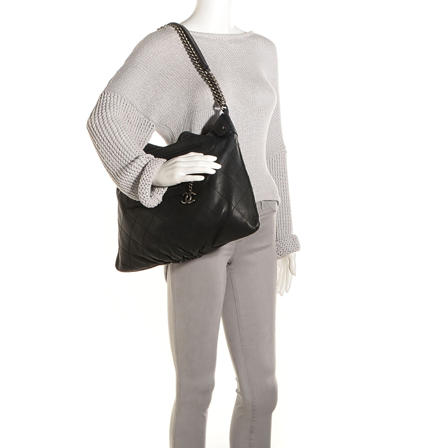 Chanel Calfskin Stitched Double Zip Hobo Black 2 of 7