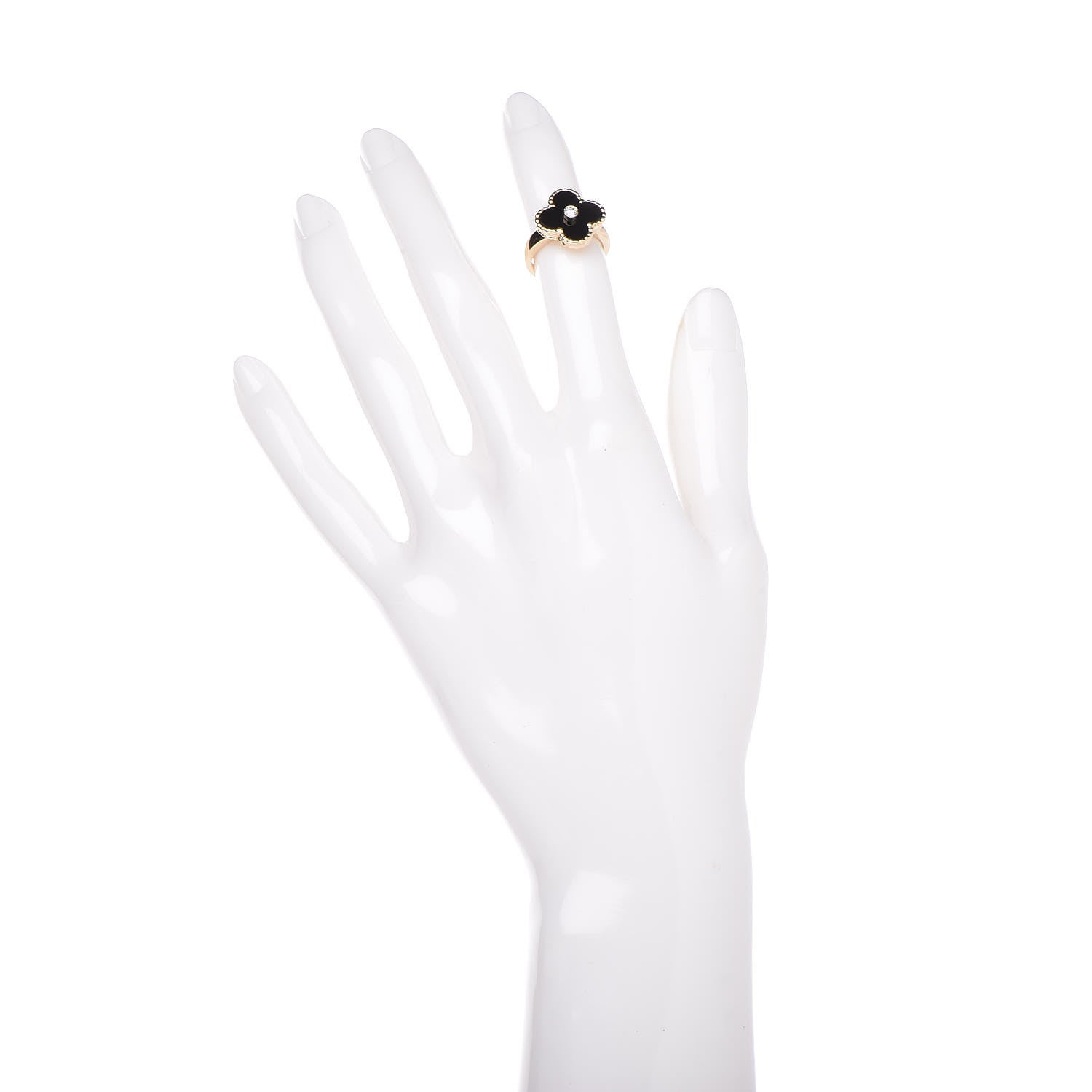 Van Cleef & Arpels 18K Yellow Gold Diamond Black Onyx Vintage Alhambra Ring 45 3.25 2 of 5