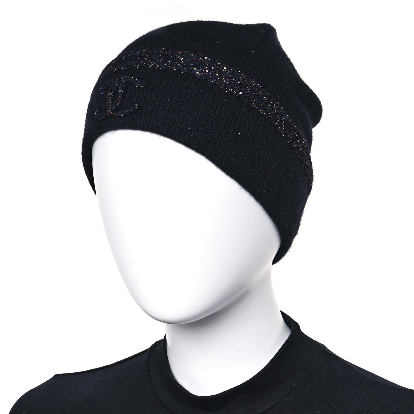 Cashmere Silk Sequin CC Logo Beanie Hat Black Multicolor