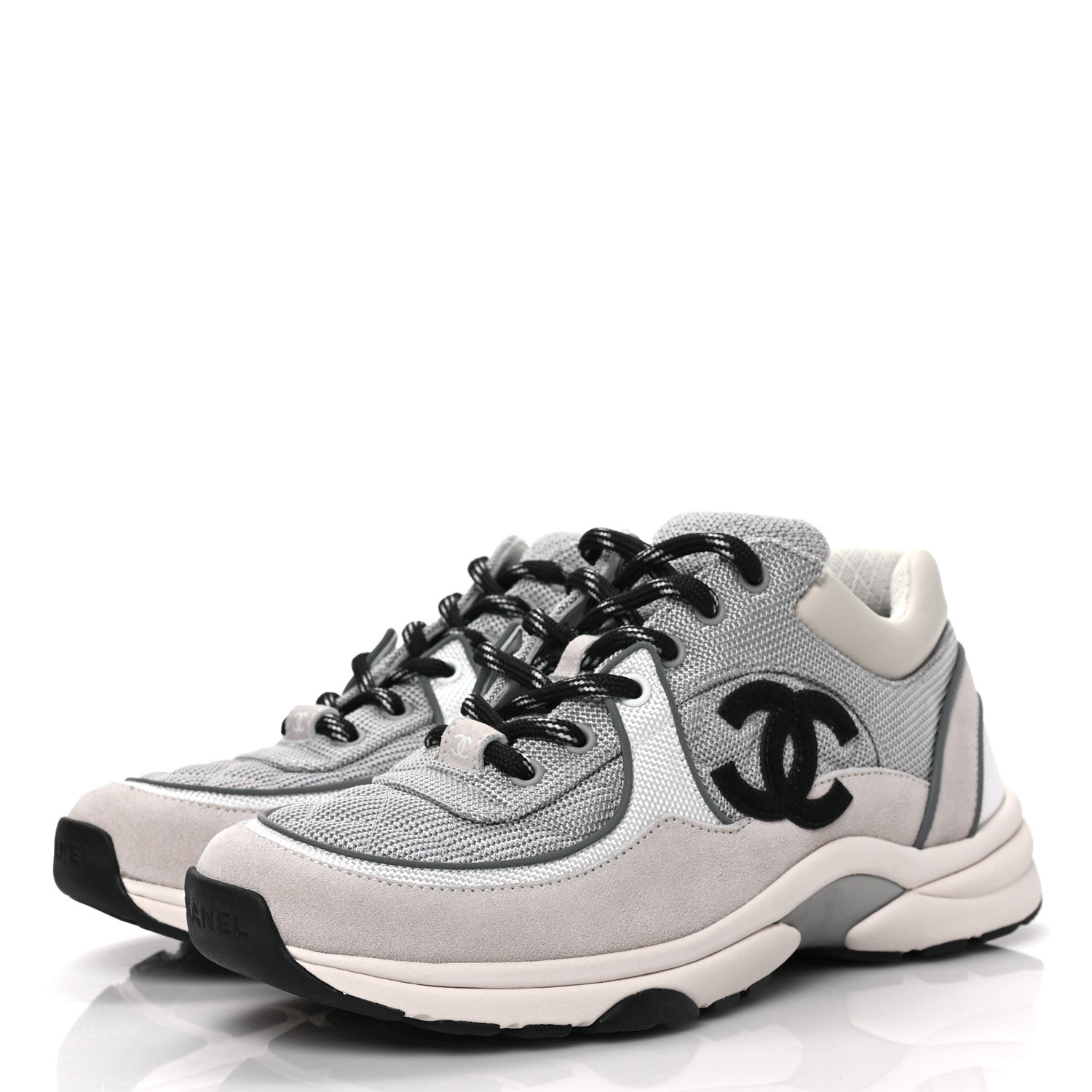 Chanel Nylon Calfskin Suede Womens CC Sneakers 38 Grey White 3 of 7