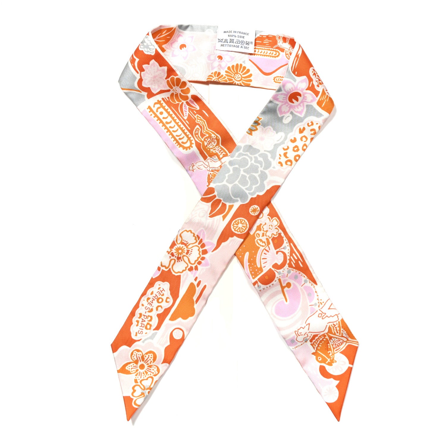Hermes Silk Bingata Twilly Orange Rose Gris 1 of 4
