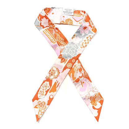 Hermes Silk Bingata Twilly Orange Rose Gris 1 of 4
