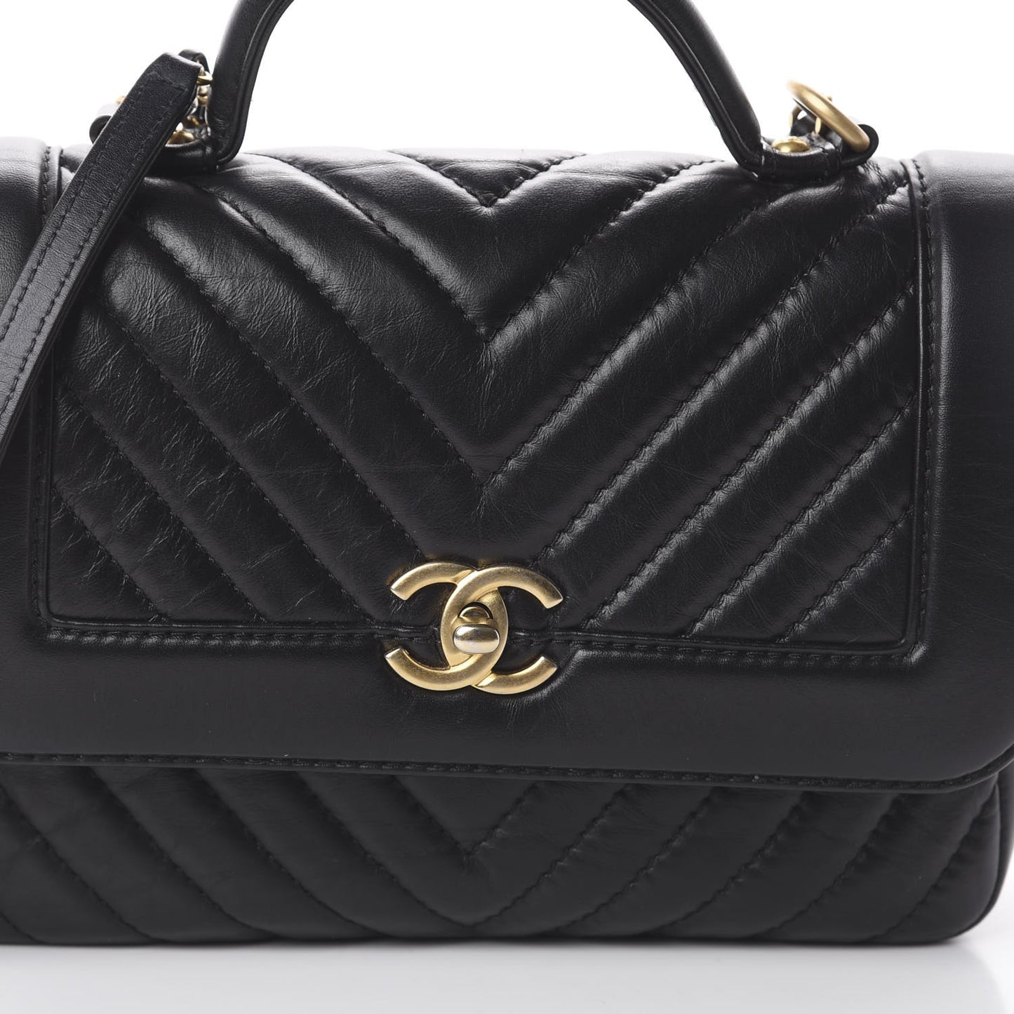 Calfskin Chevron Quilted Top Handle Flap Black