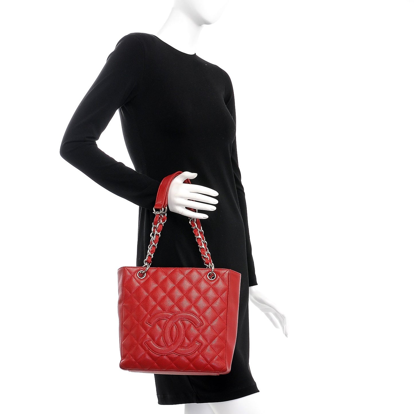 Caviar Quilted Petit Shopping Tote PST Red