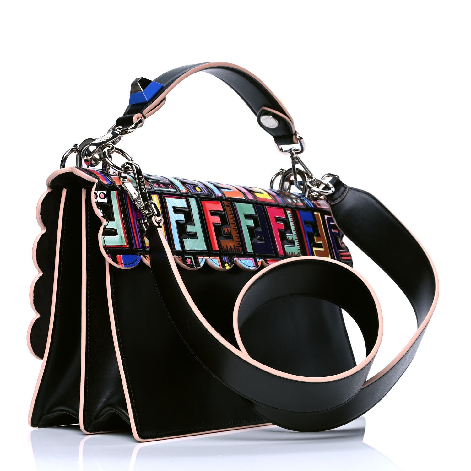 Fendi Vitello Liberty Fun Fair Embossed Scalloped Kan I Shoulder Bag Black Multicolor 2 of 4