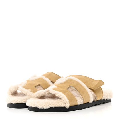 Hermes Suede Goatskin Woolskin Womens Chypre Sandals 38 Golden Beige 3 of 16