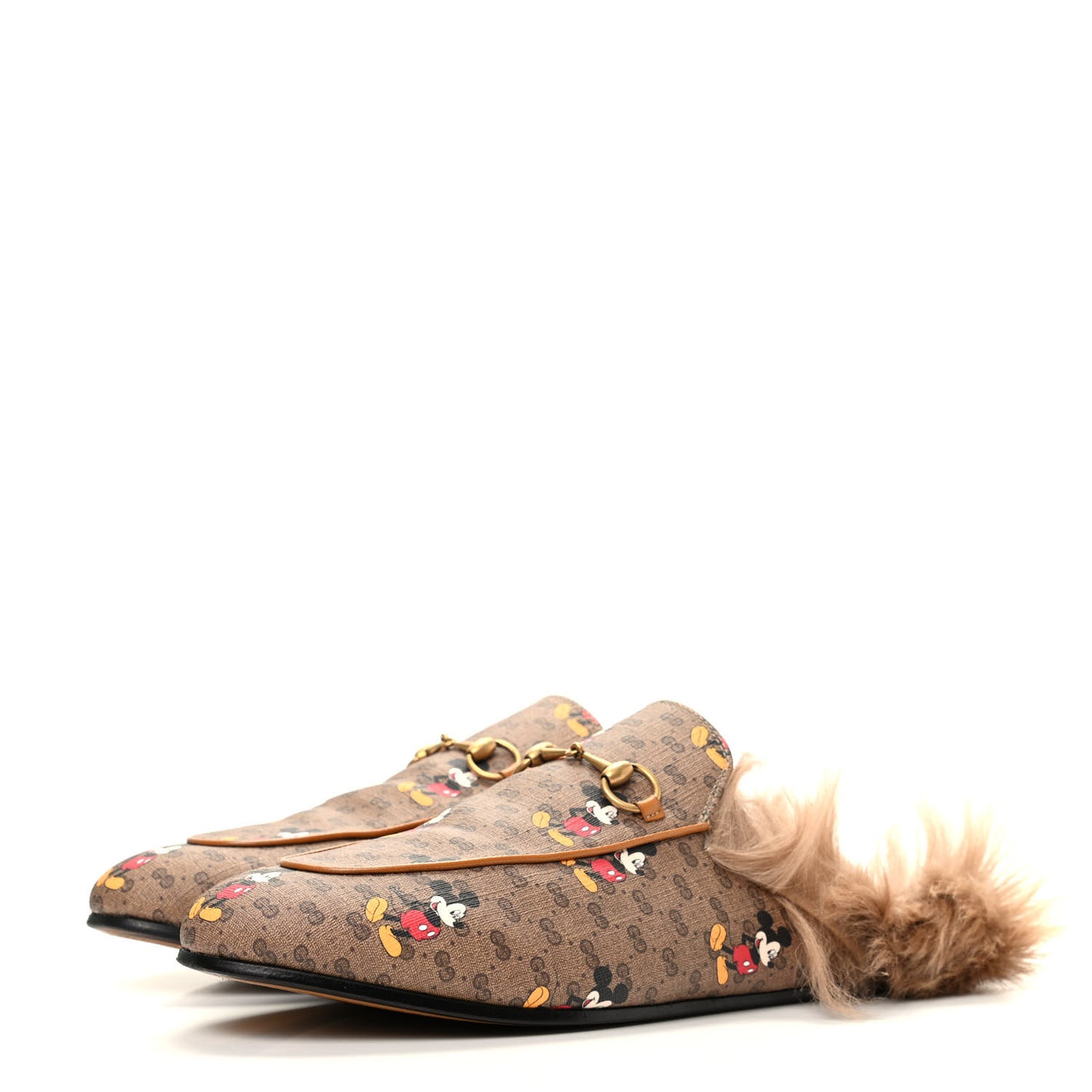 X DISNEY Mini Vintage GG Supreme Monogram Mickey Mouse Fur Womens Princetown Slippers 42 Beige Vintage Sun Oil