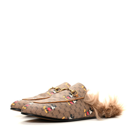 Gucci X DISNEY Mini Vintage GG Supreme Monogram Mickey Mouse Fur Womens Princetown Slippers 42 Beige Vintage Sun Oil 3 of 9