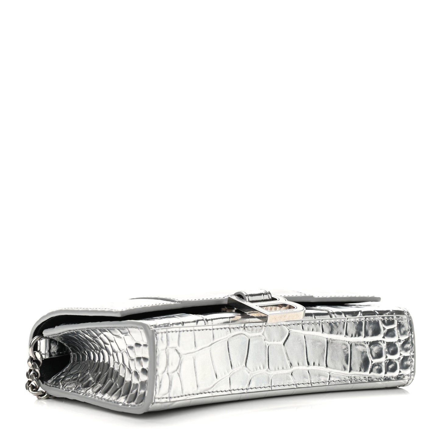 Metallic Calfskin Crocodile Embossed Hourglass Chain Bag Silver