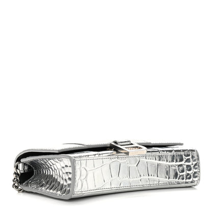 Balenciaga Metallic Calfskin Crocodile Embossed Hourglass Chain Bag Silver 4 of 8