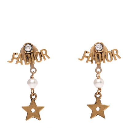 Christian Dior Pearl Crystal Star J'adior Drop Earrings Antique Gold 1 of 4