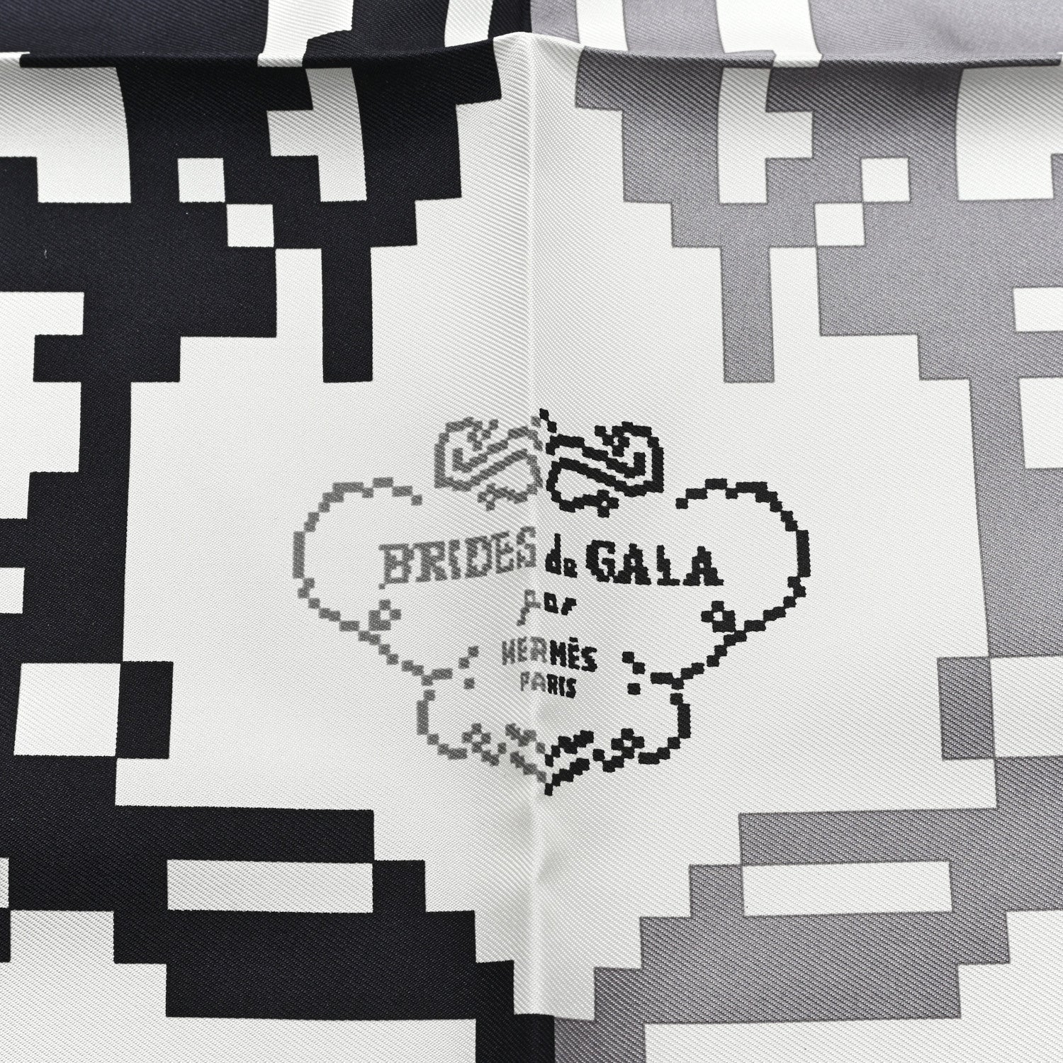 Hermes Silk Brides De Gala Pixel Pocket Square Scarf 45 White Black Gris 2 of 3