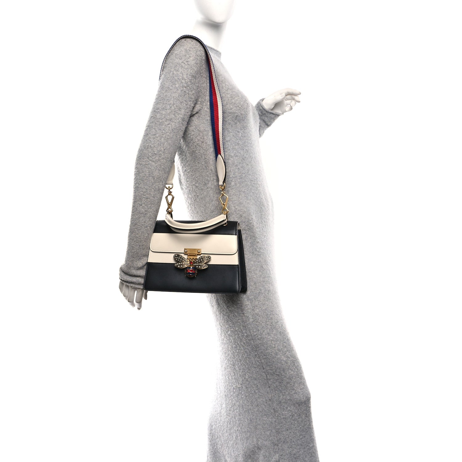 Gucci Calfskin Sylvie Web Small Queen Margaret Top Handle Bag Black White 2 of 10
