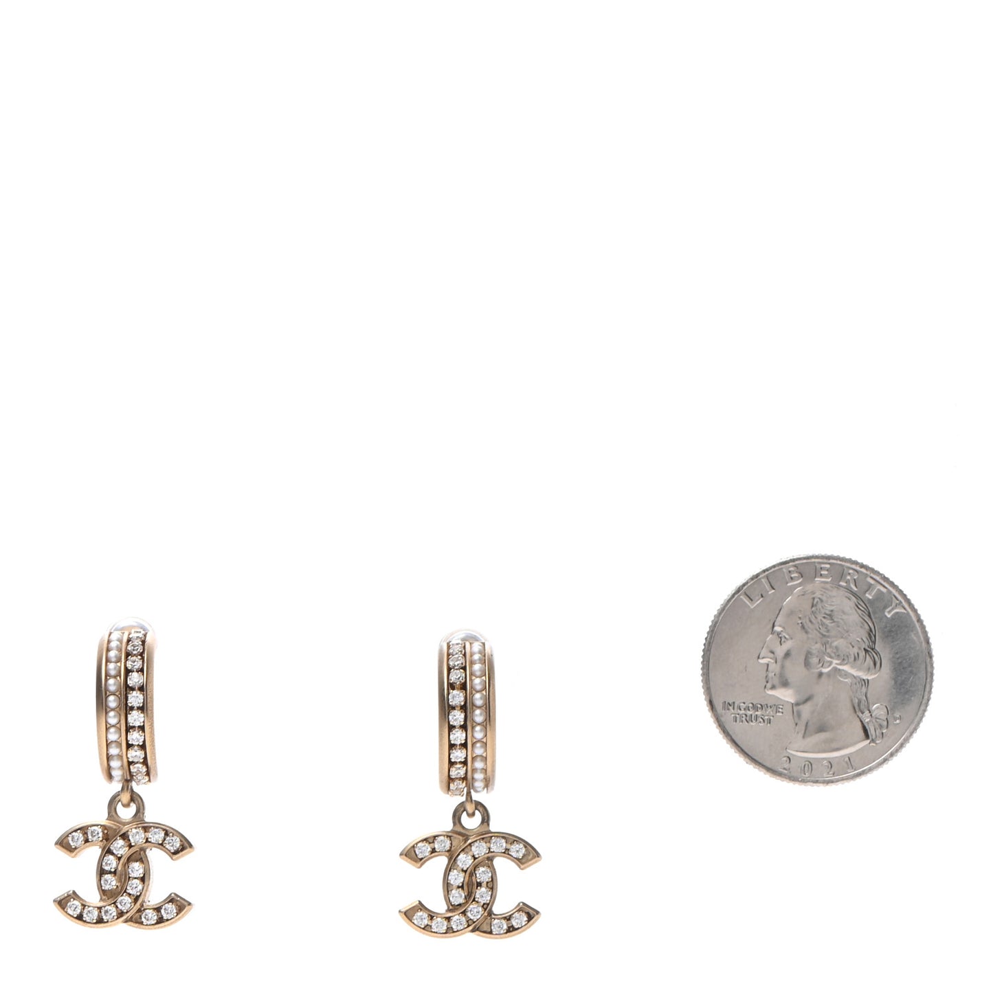 Crystal Pearl CC Hoop Drop Earrings Gold