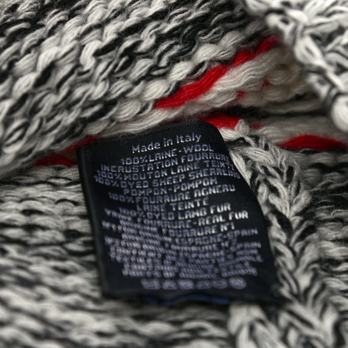Wool Shearling CC Beanie Hat Ivory Black Red