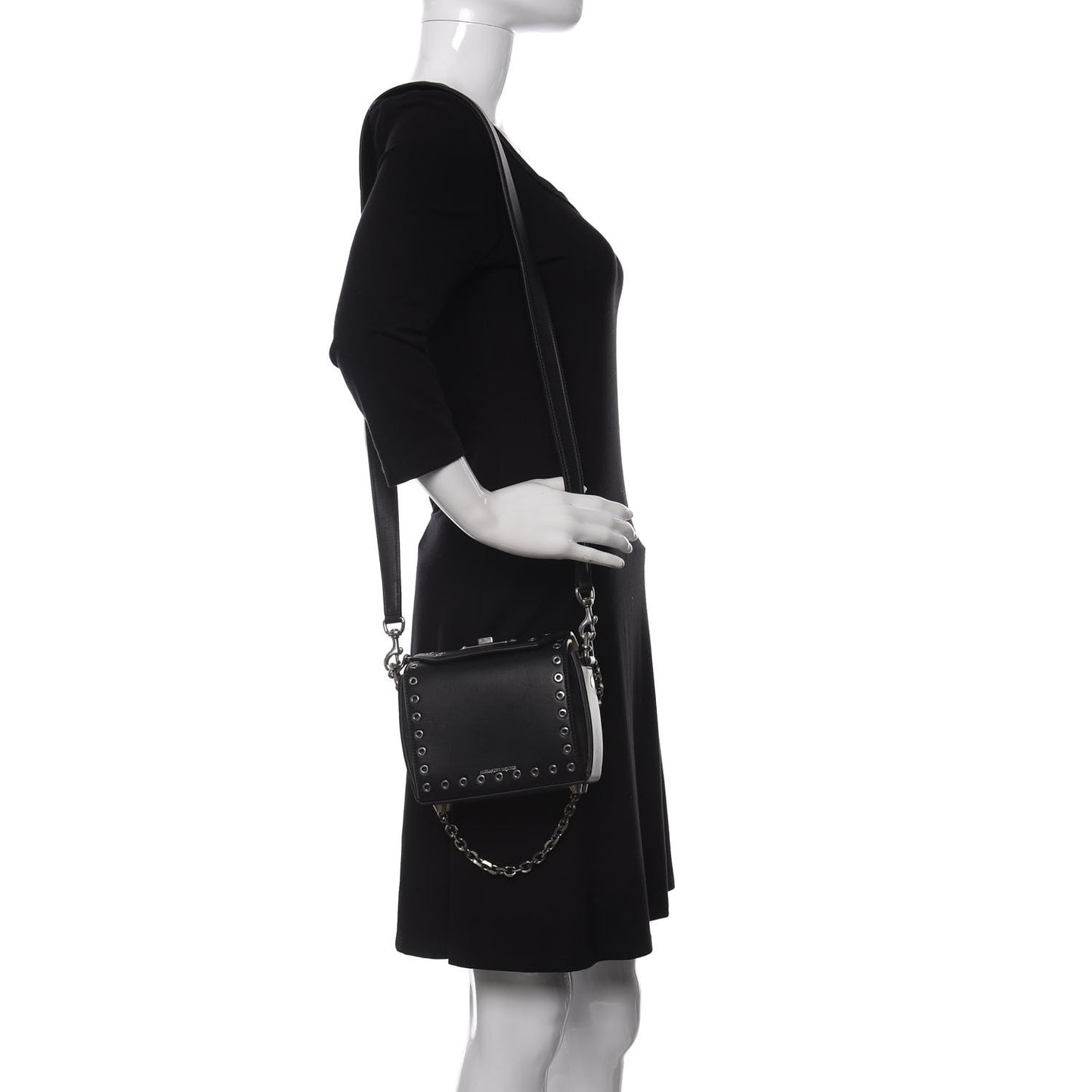 Fine Grain Goatskin Perforated Box Shoulder Bag 16 Black