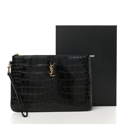 Saint Laurent Calfskin Crocodile Embossed Tablet Pouch Black 8 of 8