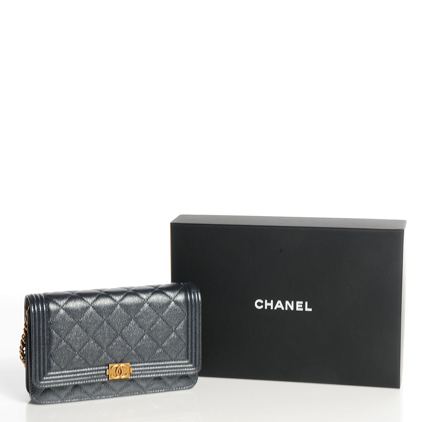Metallic Calfskin Quilted Boy Wallet On Chain WOC Charcoal