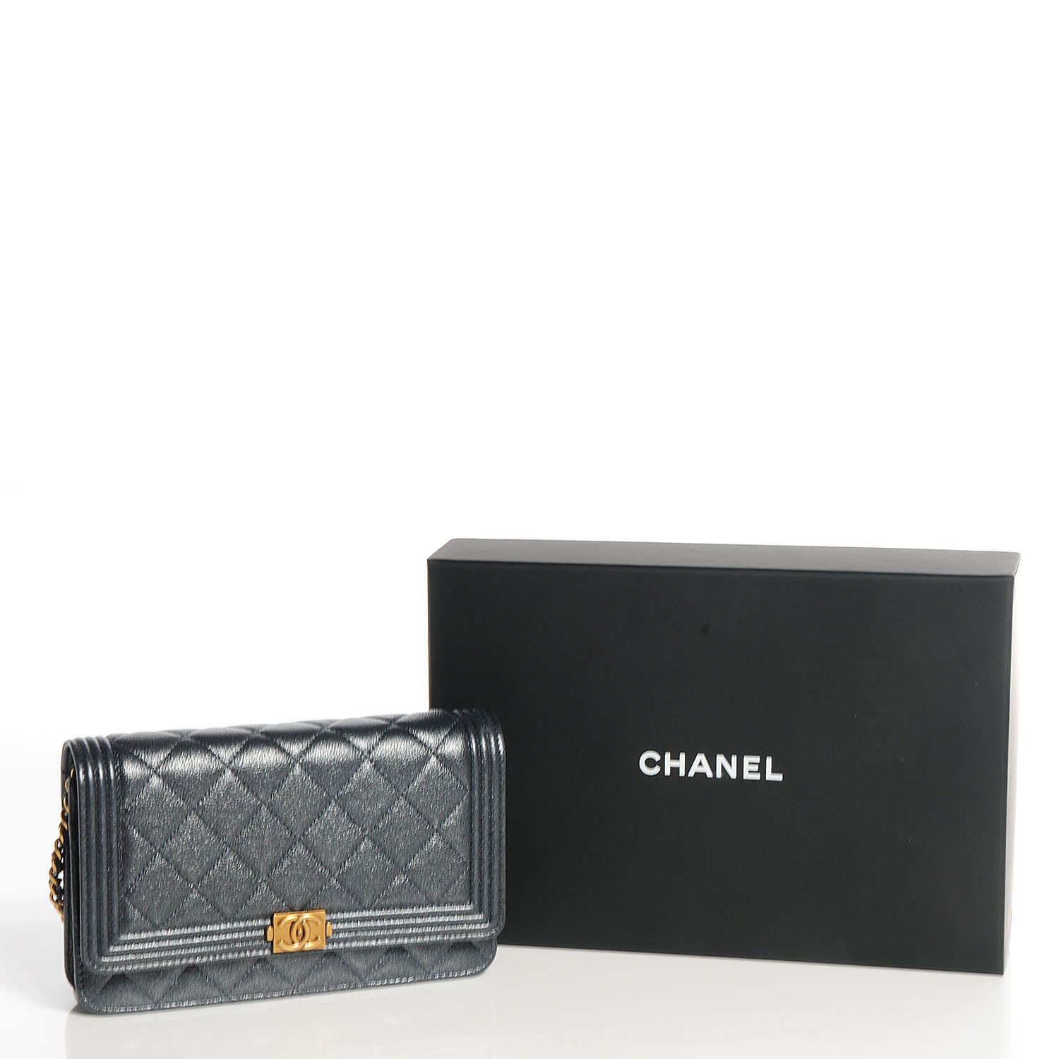 Chanel Metallic Calfskin Quilted Boy Wallet On Chain WOC Charcoal 5 of 9