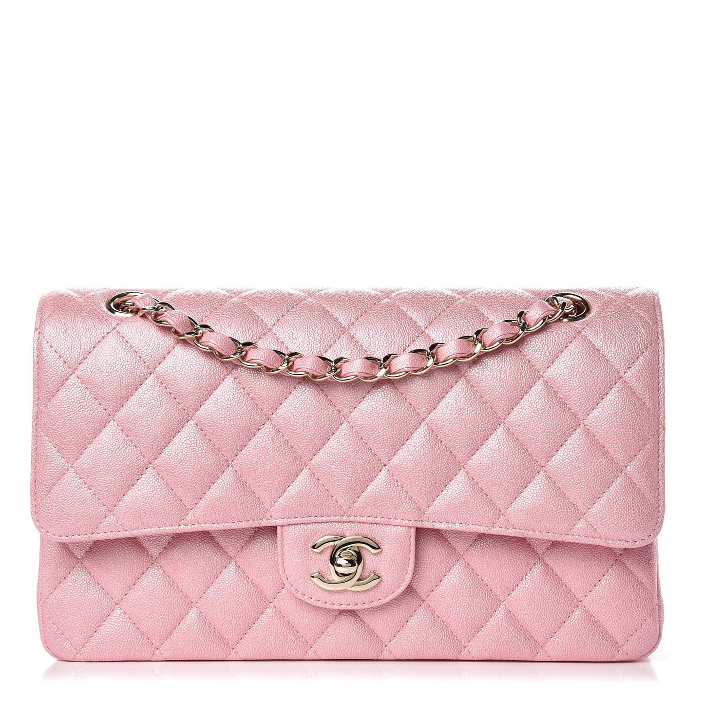 Iridescent Caviar Quilted Medium Double Flap Rose Pink