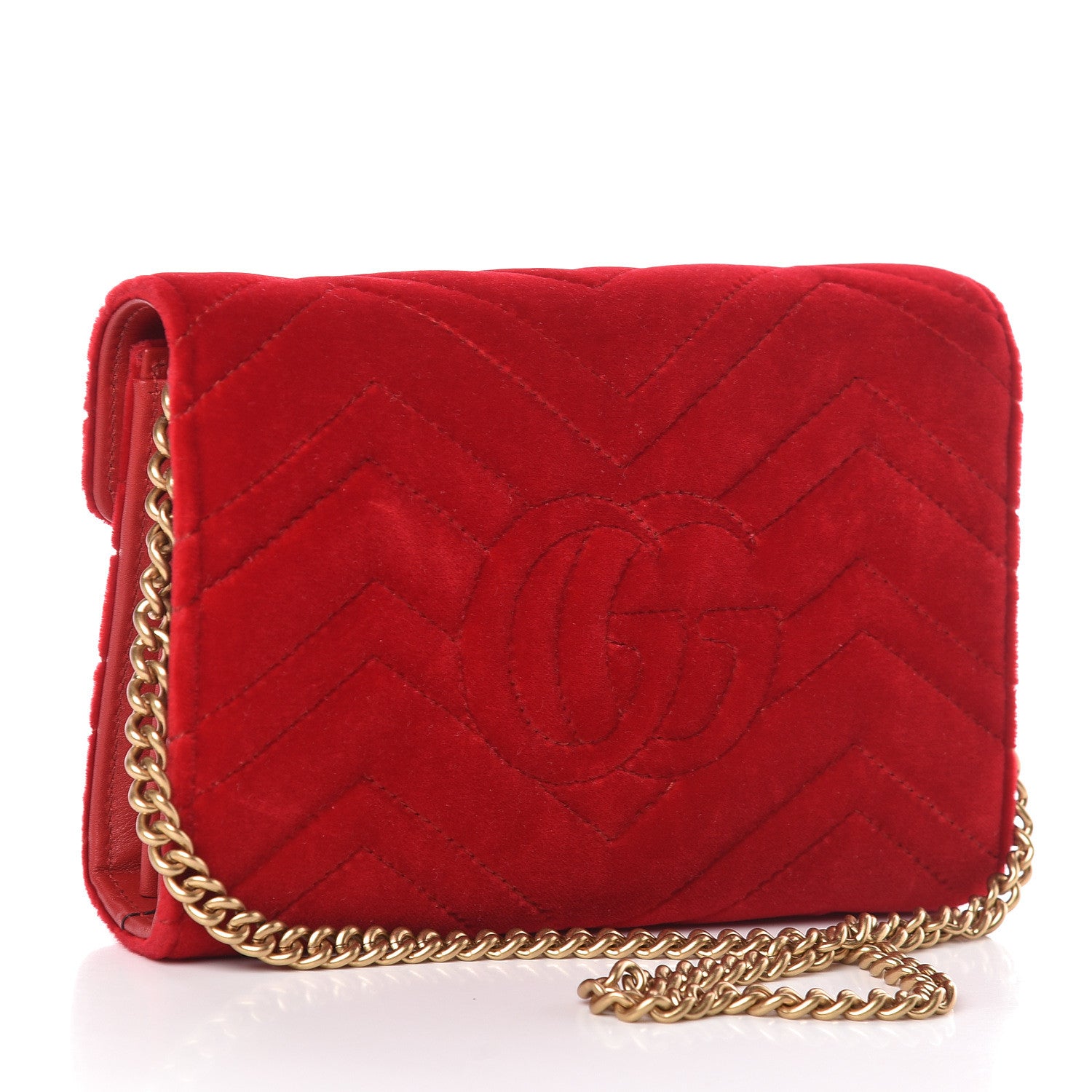 Gucci Velvet Matelasse GG Marmont Chain Wallet Hibiscus Red 3 of 11