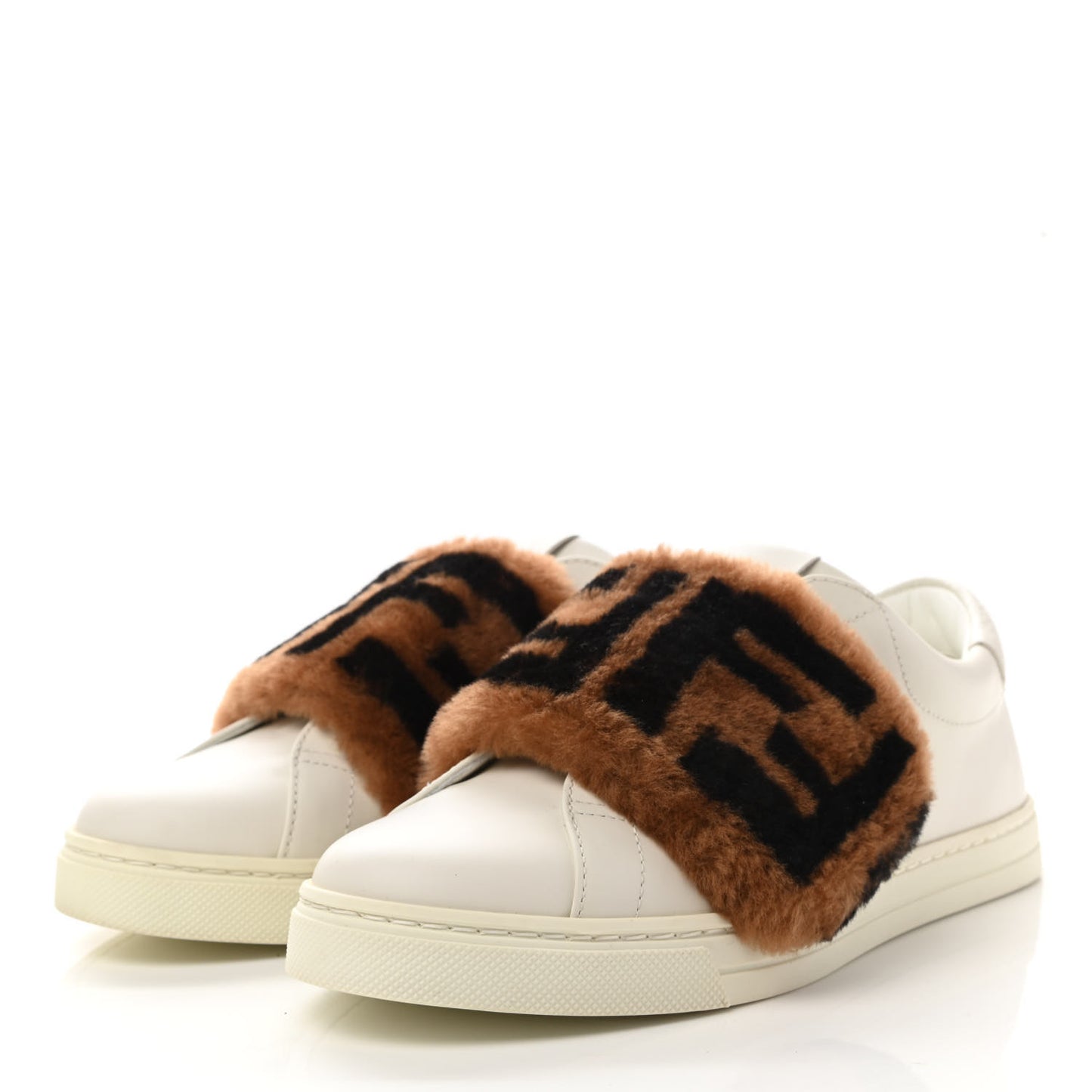 Vitello Shearling FF Velcro Slip On Sneakers 36 White