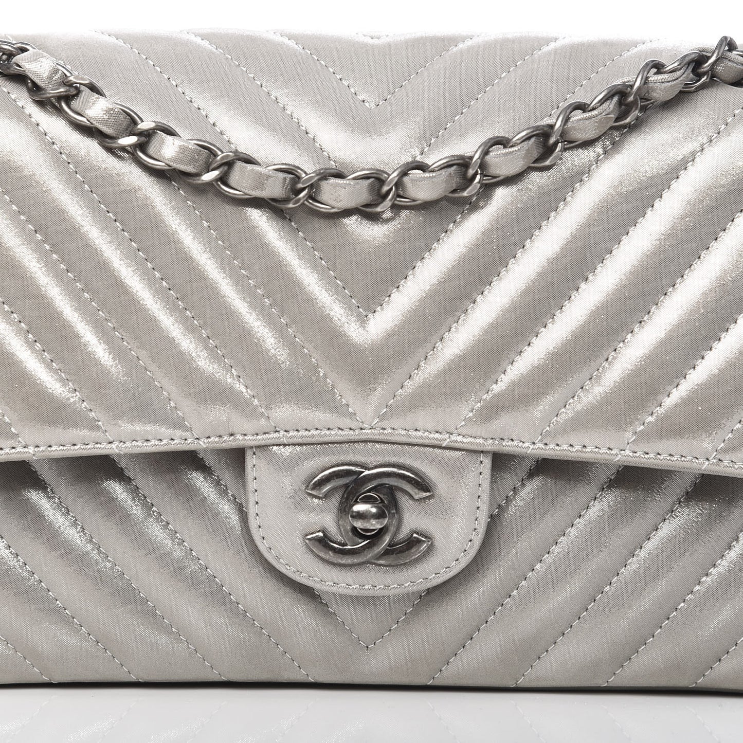 Iridescent Calfskin Chevron Quilted Medium Double Flap Silver