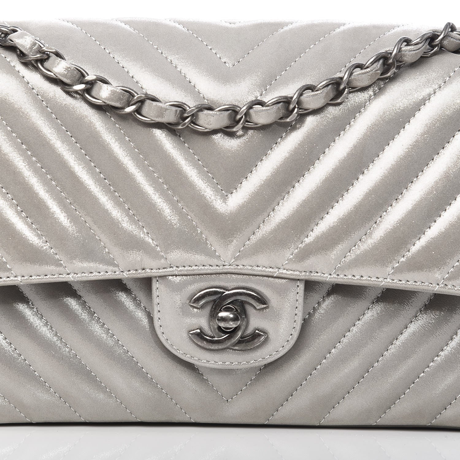 Chanel Iridescent Calfskin Chevron Quilted Medium Double Flap Silver 12 of 12