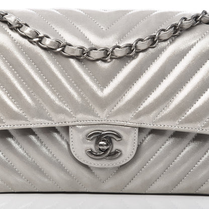 Chanel Iridescent Calfskin Chevron Quilted Medium Double Flap Silver 12 of 12
